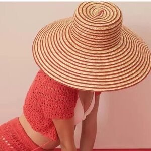Anthropologie Red & Cream Striped Straw Wide Brim Sun Hat